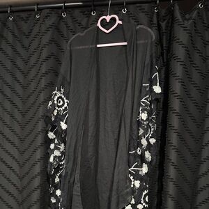 Black Sheer Kimono with White Floral Embroidery